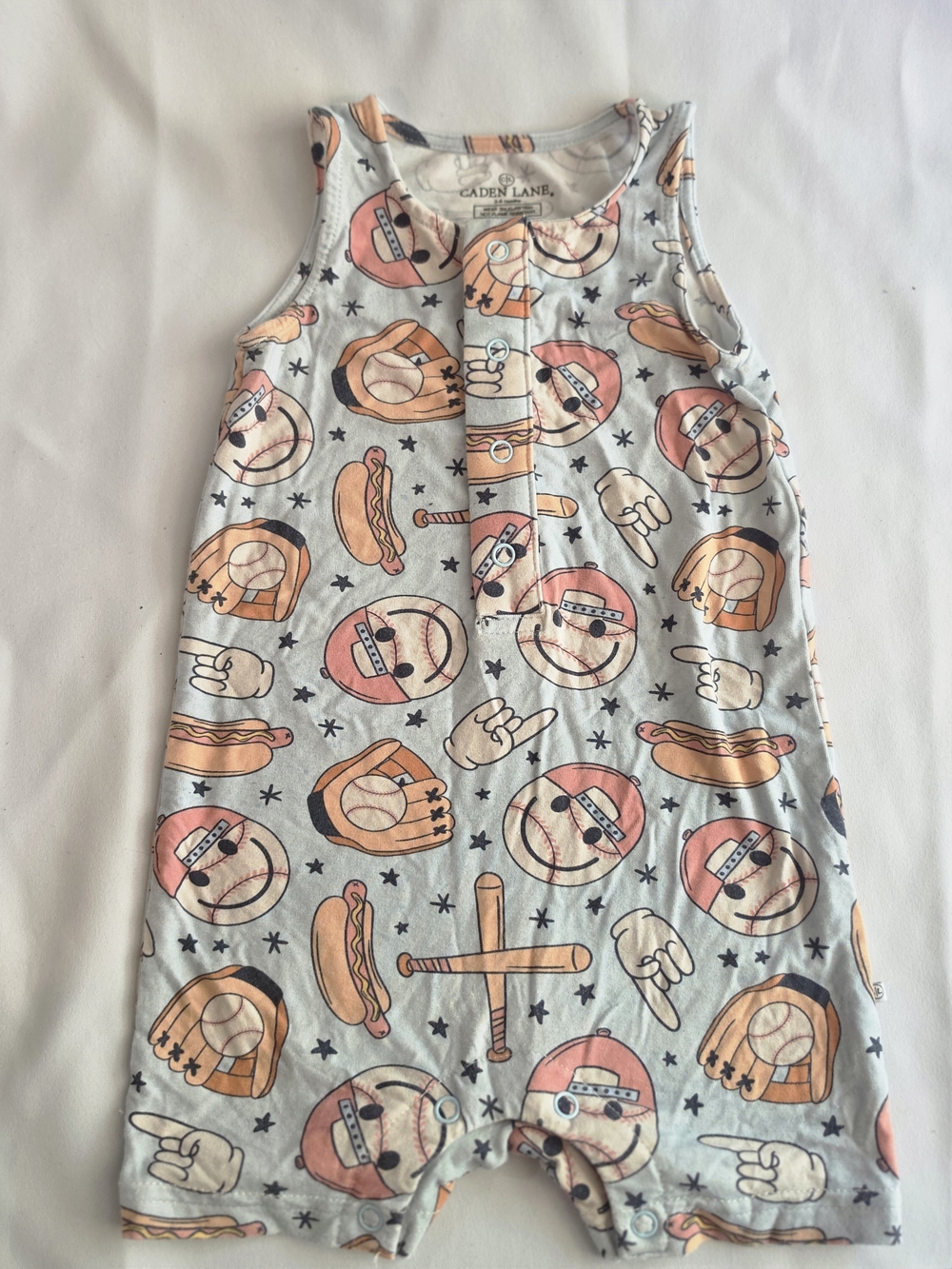 Caden Lane Gray Sleeveless Romper with Peach and Tan Sports Icons